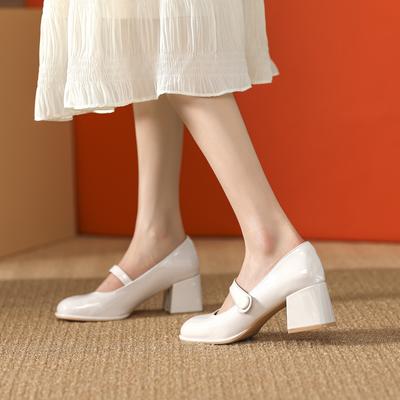 Мэри Джейн ретро мелкий вырез модные простые средний толстый каблук высокие одинарные туфли женские с декоративной пряжкой свадебные туфли