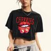 Cherries On The Lips Printing Female Washed Slim Tee Shirt Retro Casual Crop Top Cotton Clothes Fashion Streetwear