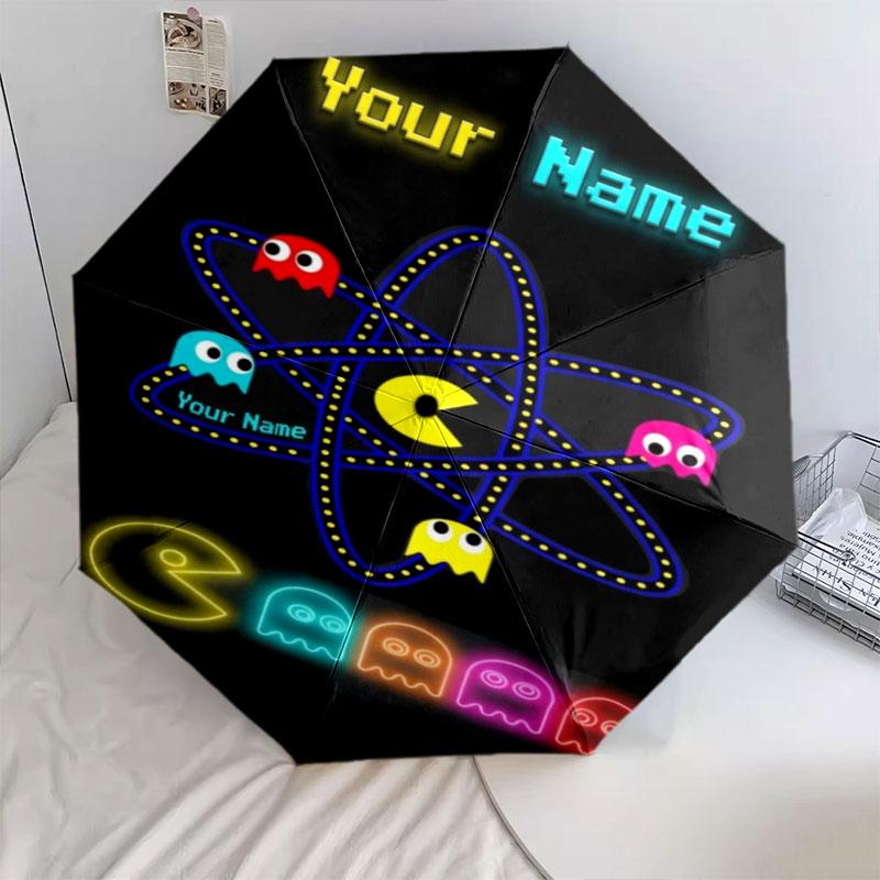 1 шт. Автоматический складной зонт - Узор Pac-Man с индивидуальным именем, Портативная и складная конструкция с 8 спицами, Рождественские и Дни рождения Подарки