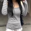 Autumn New Striped Long-sleeved T-shirt for Women with Slim Black and White Striped One-length Collar Base Shirt