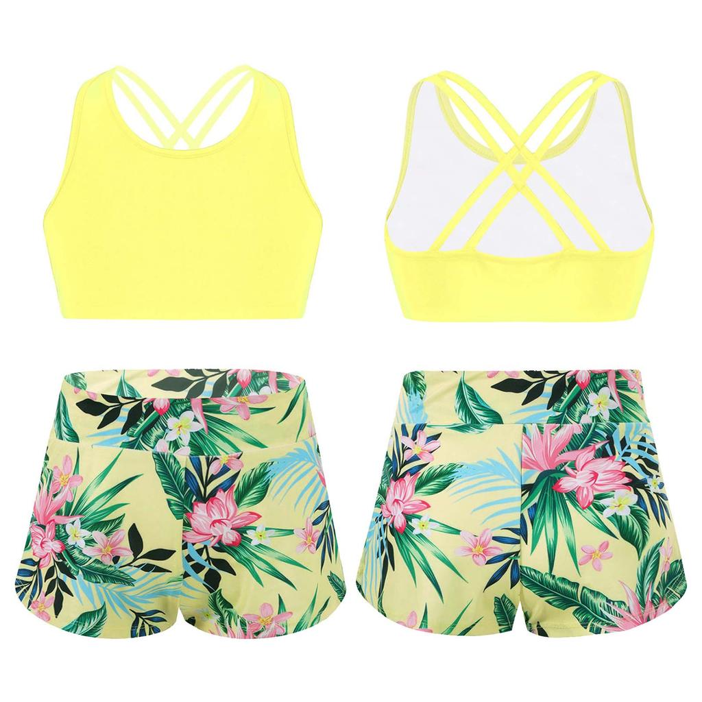 Girls 2 Piece Sport Set U Neck Spaghetti Straps Cropped Top Criss Cross Back Pink Lily Print Shorts Gym Yoga Outfit