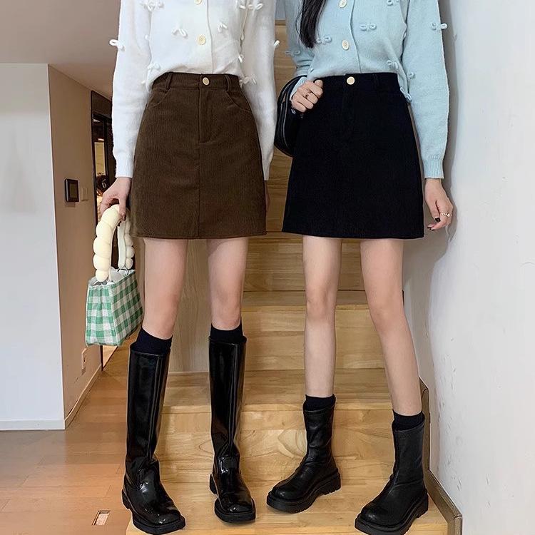 Women's 2024 Corduroy Black High-Waisted Midi Skirt - Autumn/Winter Slimming A-Line Petite Fashion, Hip-Hugging Mini Skirt