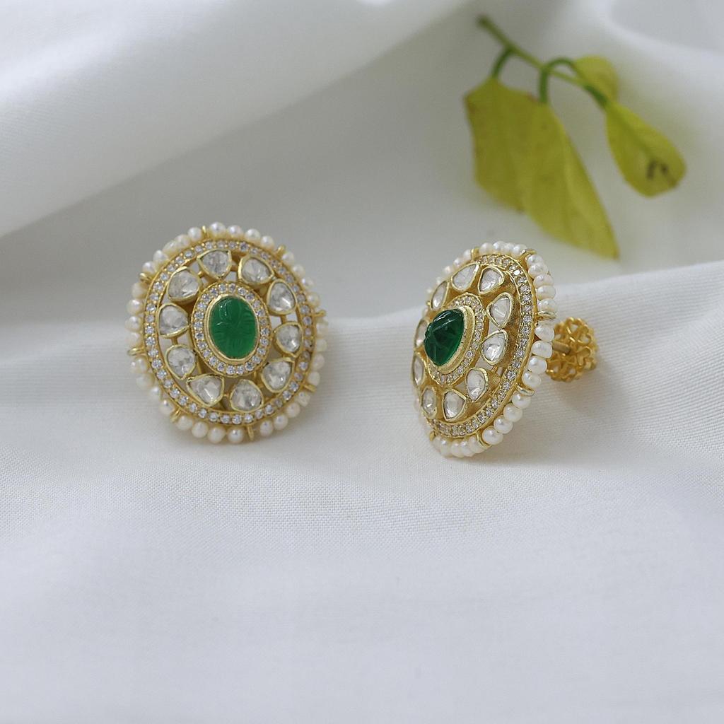 Kundan Gold Plated Stud Earring 925 Sterling Silver Jewelry Handmade Moissanite Earring