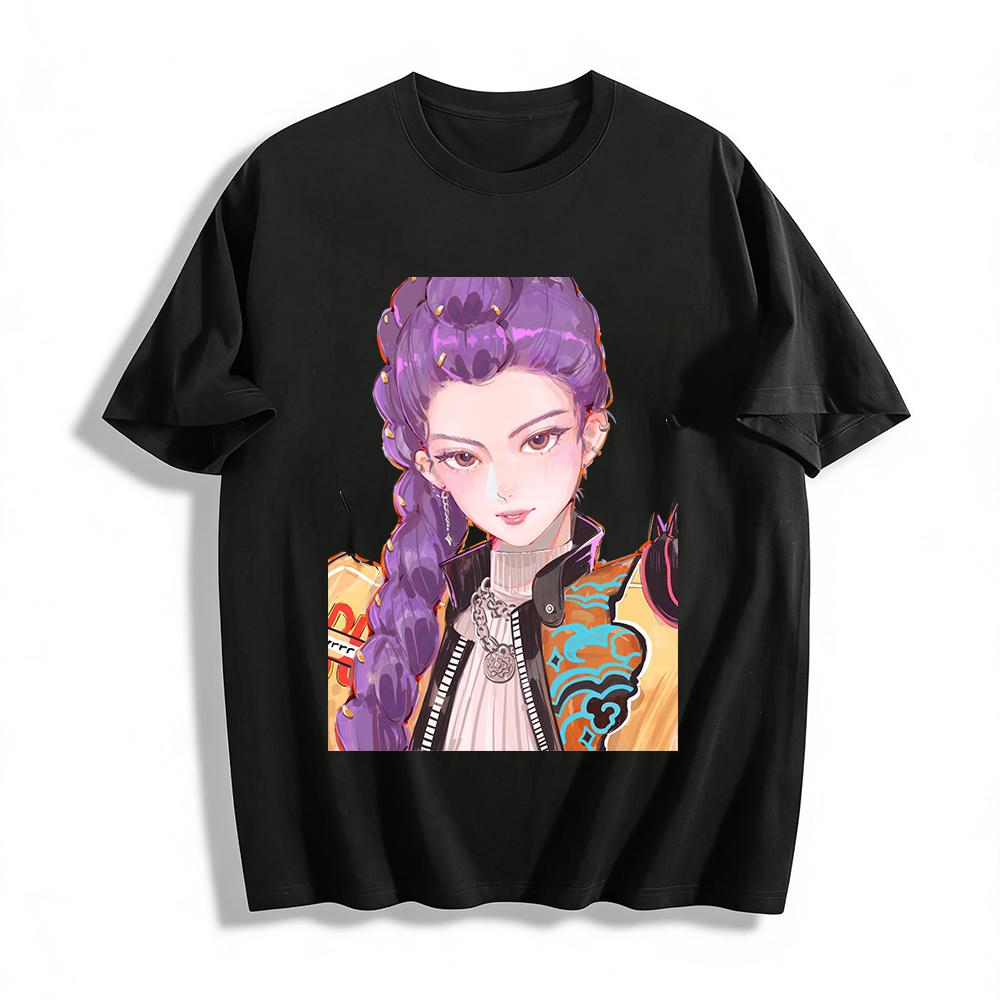 Cool Street Style Top With Chinese Style Purple Braid Girl Print Unisex Casual Loose Coat Pure cotton T-shirt