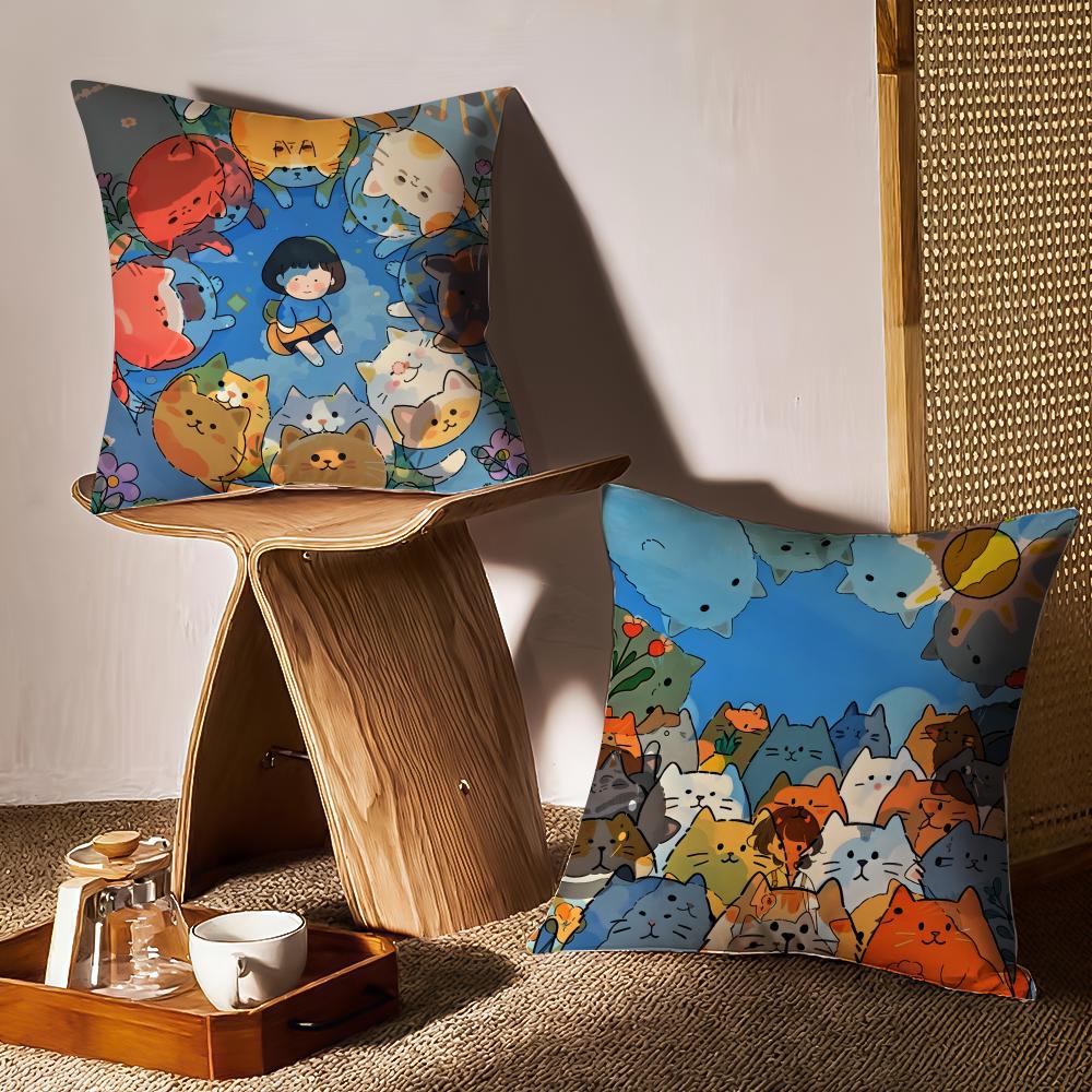 Cartoon Cat Picture For Wake Up Cushion Cover Anti-dustmite Pillowcase Invisible Zipper Silky Short Plush Sofa Cushion Cover