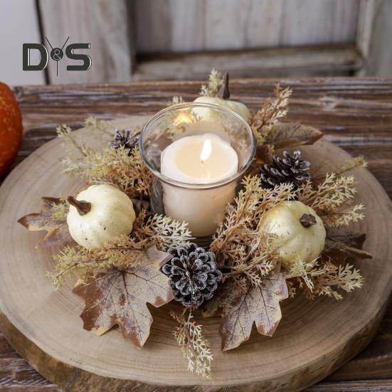 Thanksgiving Artificial Wreath Candle Ring Maple Leaf Pumpkin Pinecone Candle Holder Garland Harvest Festival Table Centerpiece Decoration