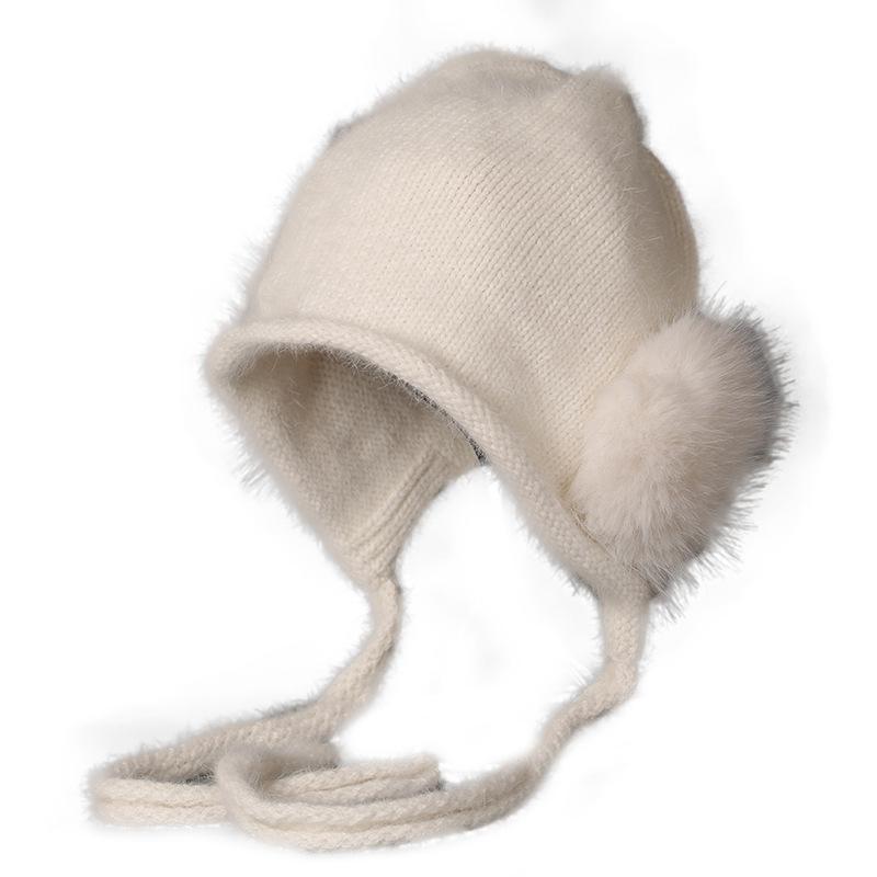 Autumn and winter new cute big hairball knitted hat, ear hat, strap, windproof wool hat, women's thermal pullover hat