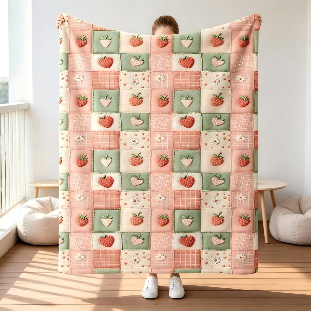 1pc 3D Embroidery-Style Strawberry and Daisy Patchwork Checkered Flannel Blanket, Soft, Lightweight, and Warm, Suitable for All Seasons - Perfect for
