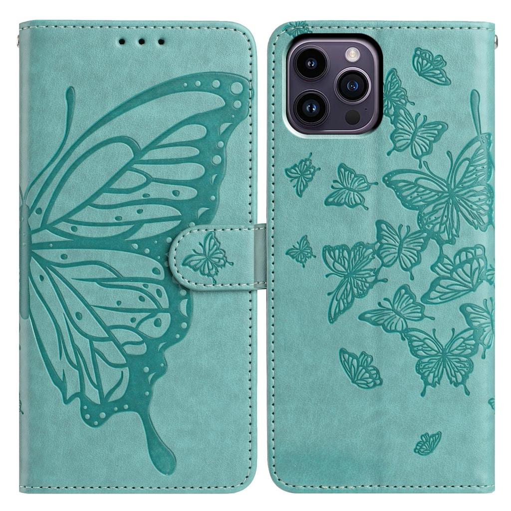 For iPhone 14 Pro Case Butterfly Imprinted Wallet Stand PU Leather Flip Phone Cover with Strap
