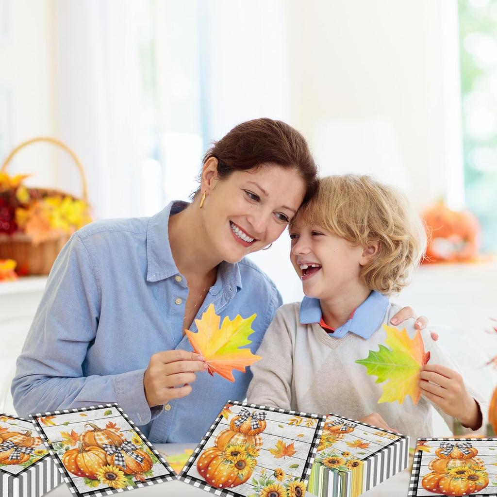 48Pcs Fall Pumpkin Paper Napkin,Fall Party Decorations Autumn Thanksgiving Party Napkin Black and White Buffalo Plaid Pumpkin Table Decorations for