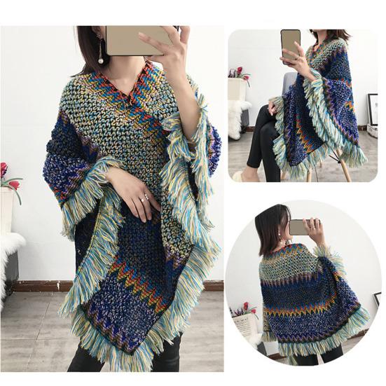 Bohemian Autumn Knitted Coat Knitted Comfy Autumn Winter V Neck Colorful Irregular Hem Cloak Coat Sweater
