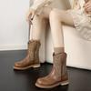 Women Retro Mid Calf Western Cowboy Motorcycle Boots Female Autumn Embroidered Square Toe Chunky Heel Fashion Design Brown Boots