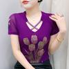 Лето Новая Мода Корейская Одежда Женская Футболка Роскошный Цветок Горячие Бриллианты Футболки Сексуальная Уличная Одежда Девушки Приталенные Топы с Коротким Рукавом