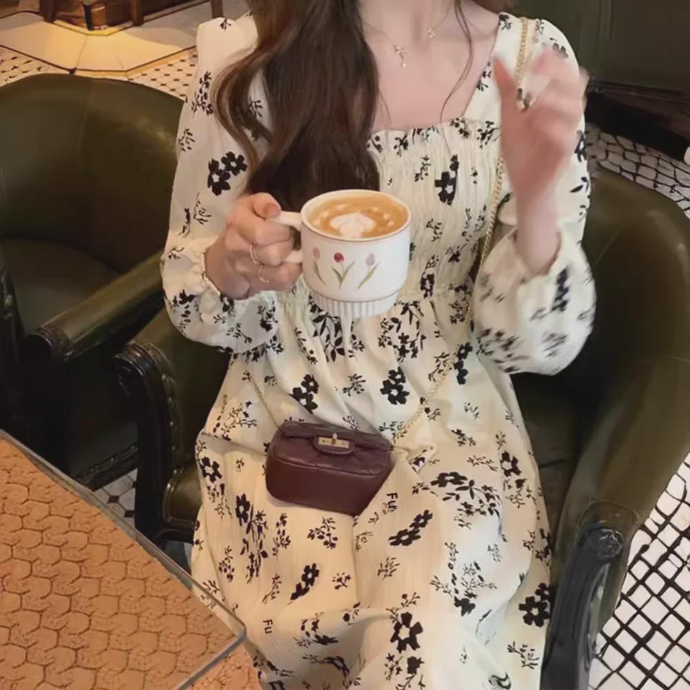 Spring 2024 Women's Floral Long-Sleeve Slim Waist Maxi Dress