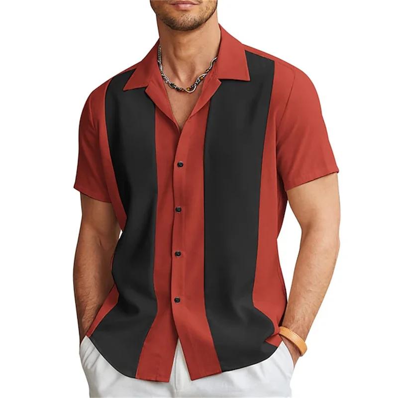 New Men's Shirts Bowling Shirts Button-Down Shirts Summer Casual Red Short Sleeve Color Block Lapel Street Wear Fashion