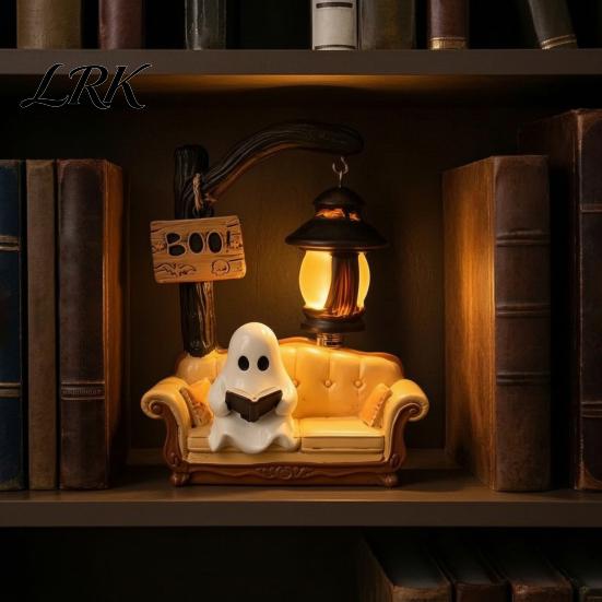 Не Страшная Милая Праздничная Фигурка Хэллоуинский Призрак Читает Книгу Лампа, Ночник с Книгой, Причудливый Декор для Вечеринки на Тему «Бу!» 3D Смола Настольный