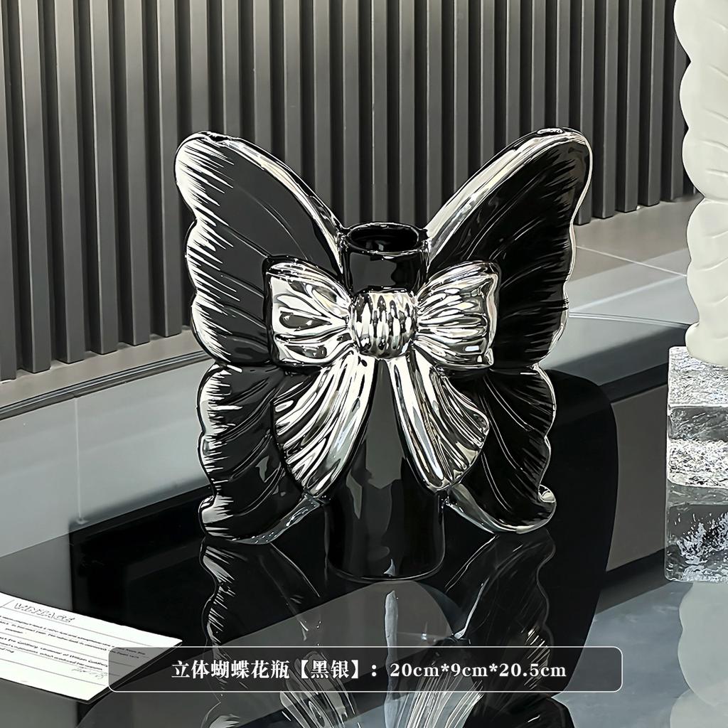 Modern Black and Silver Butterfly Bow Ceramic Vase Creative 3D Bow Sculpture Vase Living Room Flower Arrangement Decoration