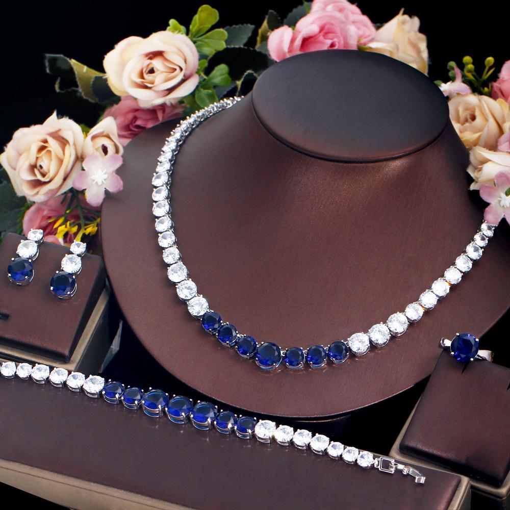 CMM 4PS Роскошный комплект свадебных украшений, ожерелье, кольцо, серьги, браслет, сапфировый цвет/рубиновый цвет, цирконий