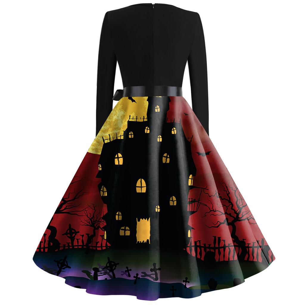 Women's Fashion Round Neck Casual Slim Fit Halloween Printed Long Sleeve Dress