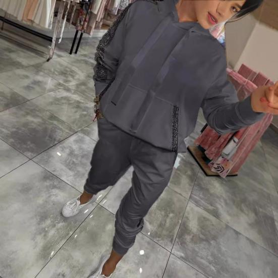 2 Pcs/Set Women Hoodie Pants Suit Long Sleeves with Sequined Pocket Solid Color Top Elastic Waist Trousers Daily Wear Sport Outfit Fall Spring