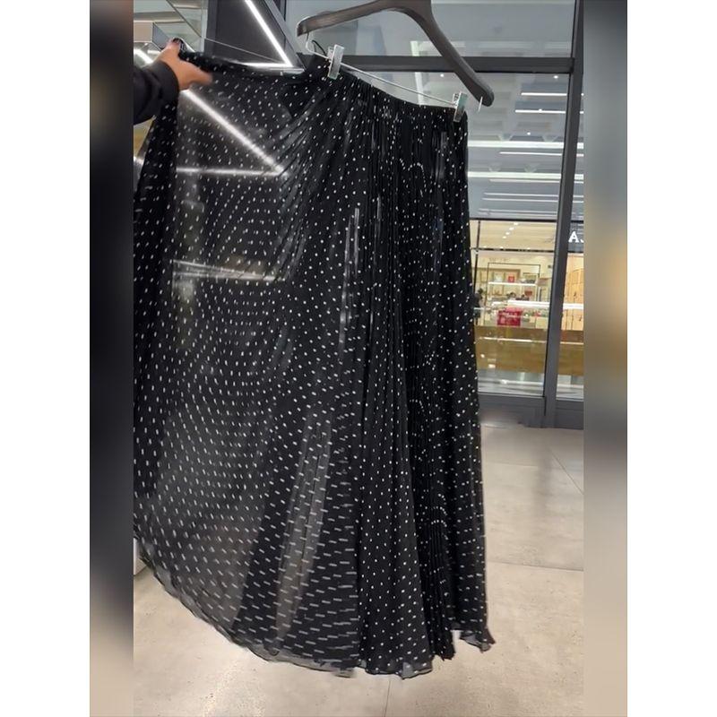 [in Stock] 2026 Autumn New Black Polka Dot High-Waisted Slimming Pleated Skirt for Women, Fairy-Like A-Line Skirt