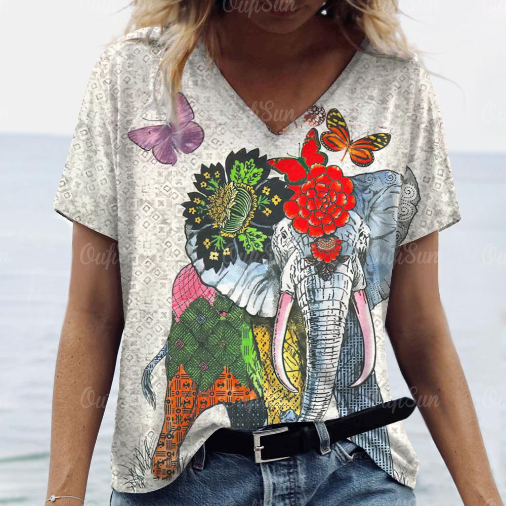 Топ Женская футболка с принтом слона Женская футболка большого размера Летняя женская одежда Футболки с V-образным вырезом и принтом животных Женская мода