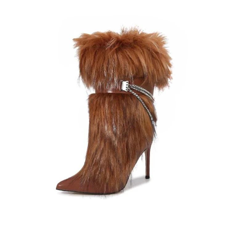 Модные Новые Туфли на Высоком Каблуке с Острым Носком, Нишевый Дизайн, Цепь, Волосатые Ботинки, Европейская Американская Мода, Черные, Красные, Острые, Сексуальные Женские Ботинки, Размер 43