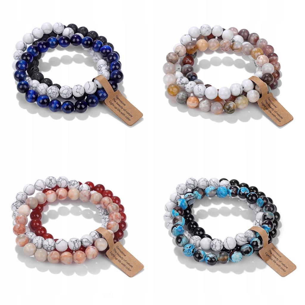 Set of 3 Bracelets 8mm Natural Stone Rose Quartz Rhodonite Black Onyx