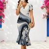 Women Plus Size V Neck Short Sleeve Black Gold Printed Fitted Fishtail Dress