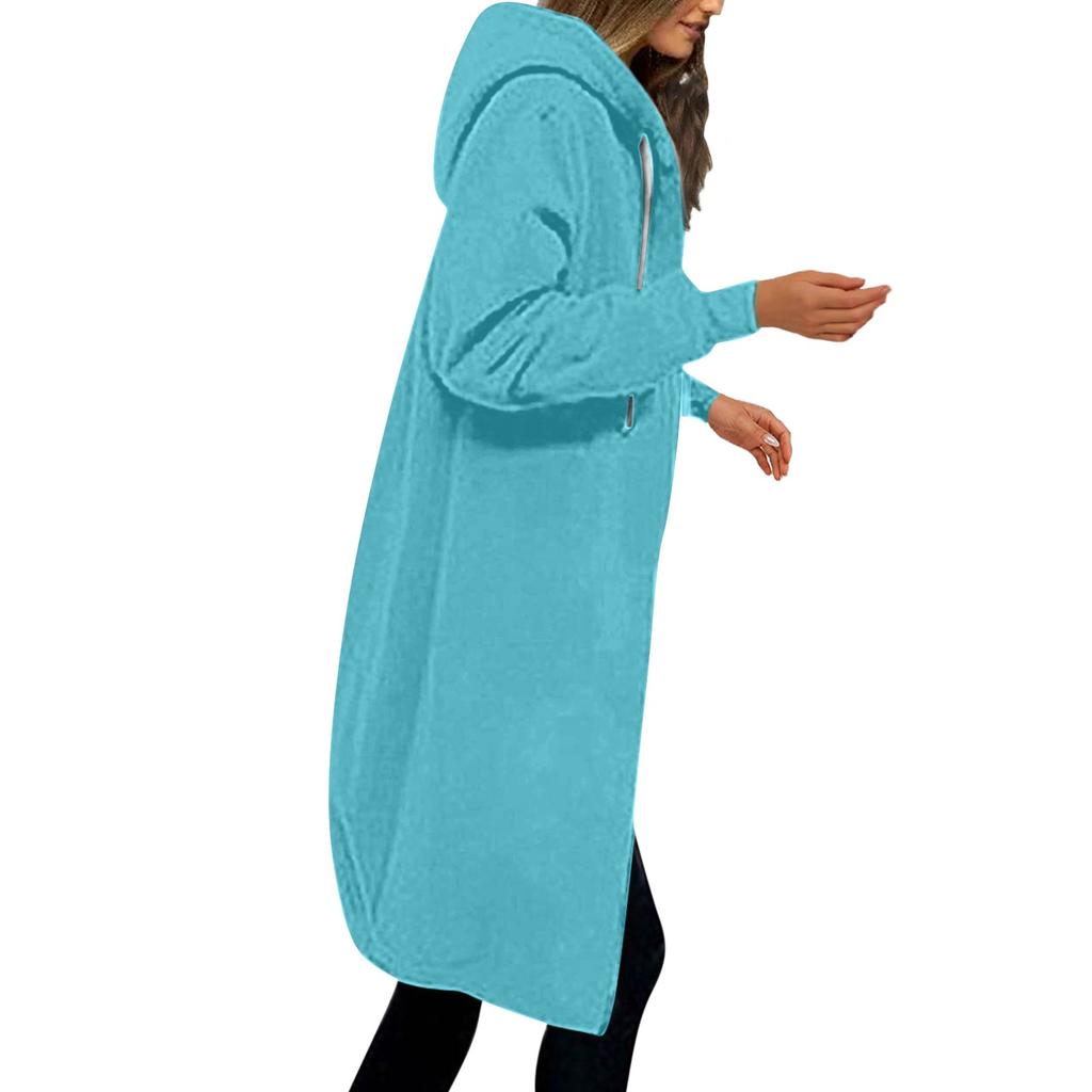 Women's Casual Zip Up Hoodies Long Tunic Sweatshirt Winter Windproof Drawstring Hooded Jacket Outerwear With Pockets
