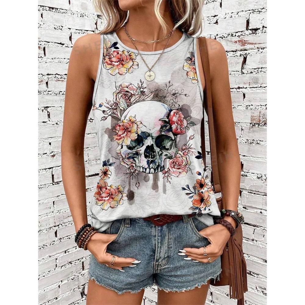 2024 Новая летняя уличная мода женская майка с круглым вырезом, повседневная женская футболка без рукавов с 3D-принтом орла и черепа