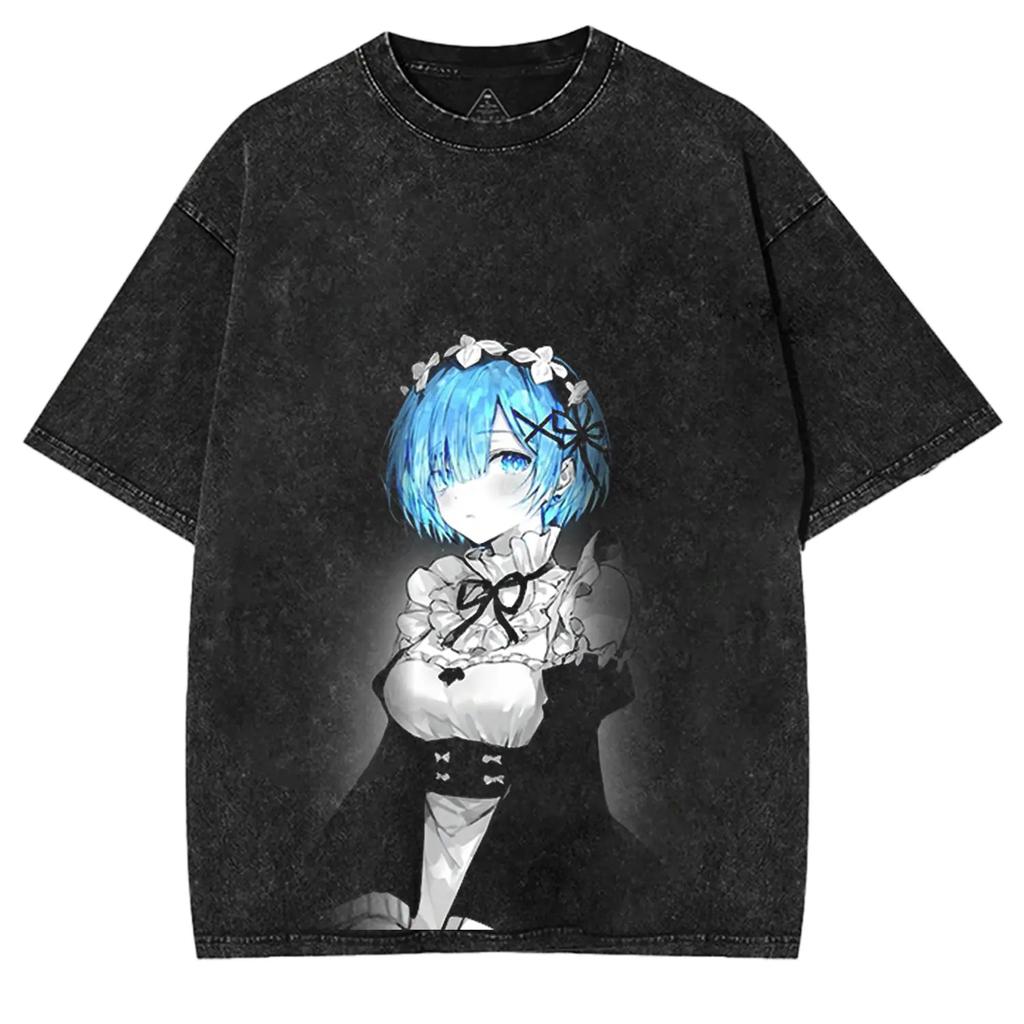 Anime Re:ZERO Rem T-shirt For Men's Clothing Gothic Y2k Washed Oversized T Shirt Summer Short Sleeve O-Neck Polyester Tees Tops