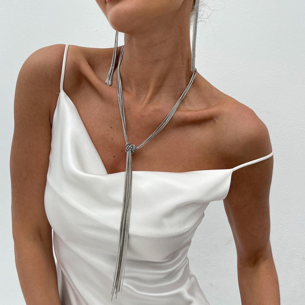 Simple Y-shaped Metal Tassel Plain Chain Necklace Cold Wind Multi-layer CCB Beads Collarbone Chain High Fashion Sense Party Commuter Women's Necklace