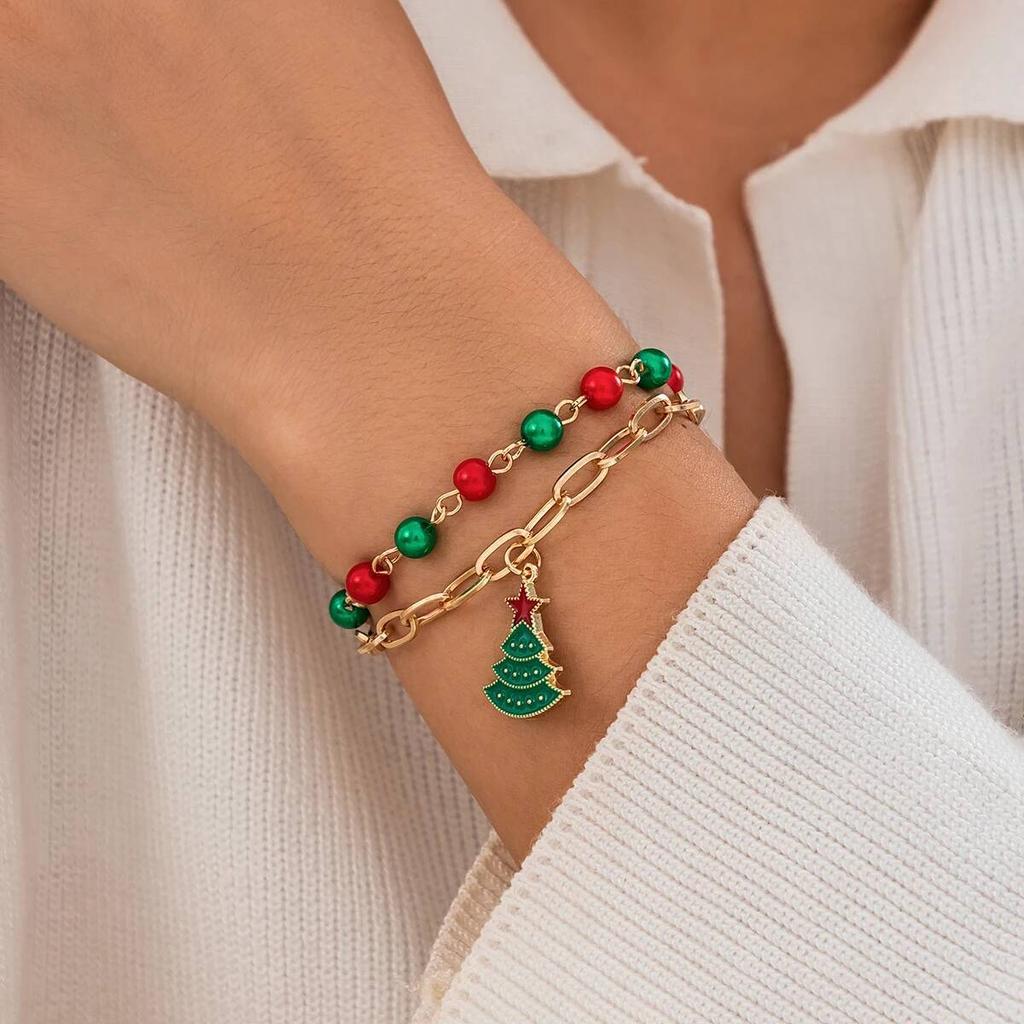 Salircon 2 Pcs/set Cute Christmas Tree Pendant Bracelet Women Trendy Red Green CCB Beads Metal Chain Bangles Couple Jewelry Gift