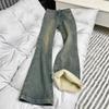 Womens High Waist Flared Jeans Vintage Blue Thick Fleece Lined Plus Size Bootcut Pants Winter