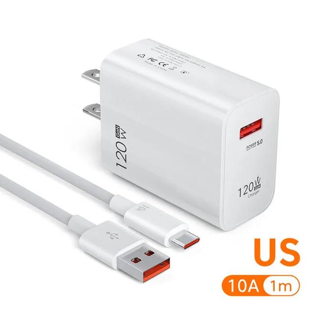 120 Вт USB Быстрая зарядка Зарядное устройство Type C Кабель Быстрая зарядка Адаптер для телефона для Xiaomi 14 Redmi Oneplus Huawei Samsung Настенное зарядное устройство