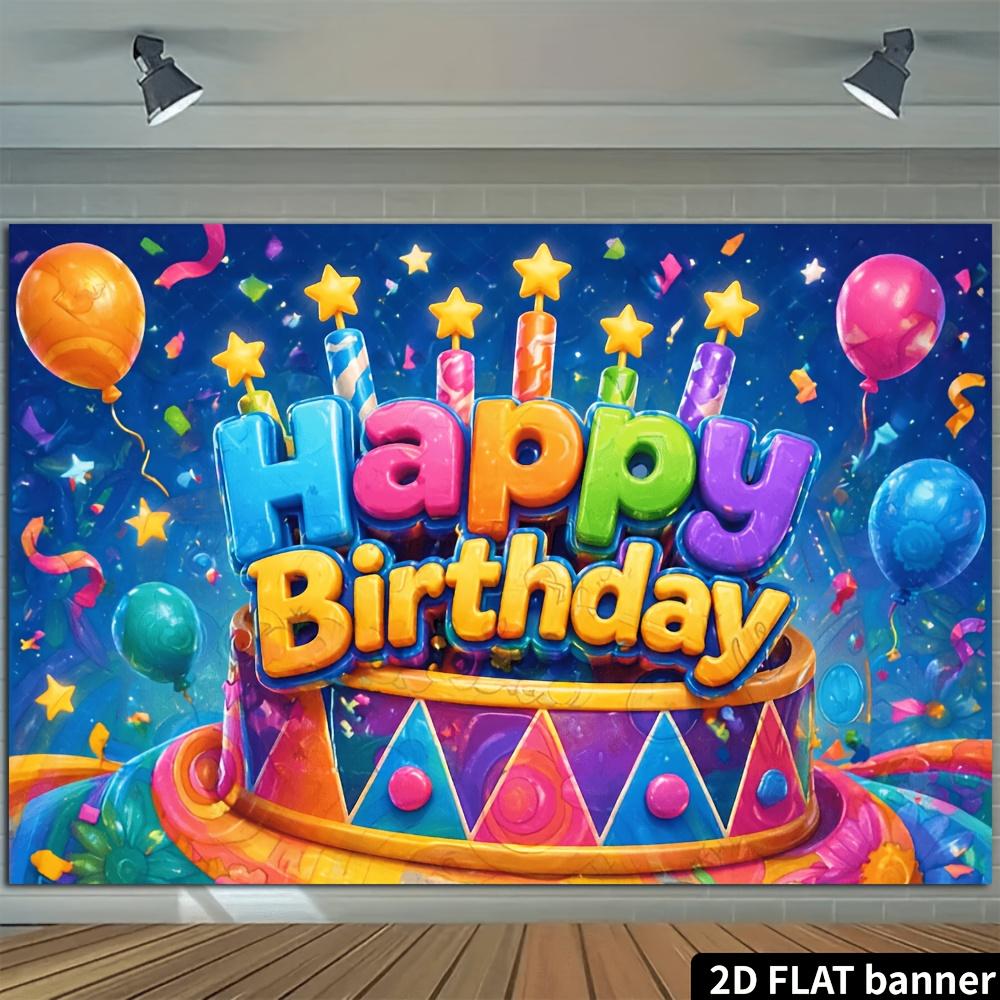 2D Flat Banner, Multicolored Birthday Cake Backdrop, Colorful Happy Birthday Text, Multicolor Balloons, Yellow Stars, Confetti, Polyester