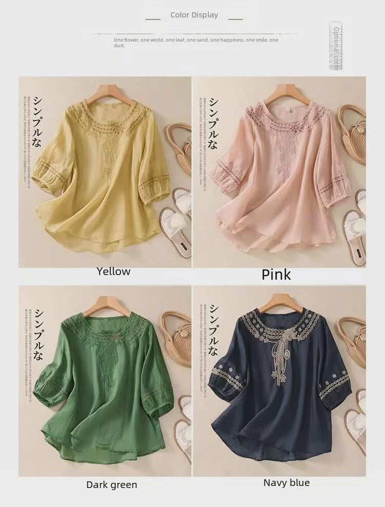 Артистичный ретро-топ из хлопка и льна с короткими рукавами, лето 2024 г.