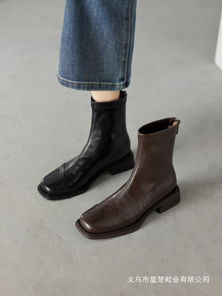 Huge Comfort~ Leather Small Short Boots For Women'S Autumn And Winter New Models With Velvet Back Zipper Thick Heel Elastic Thin Boots Simple And