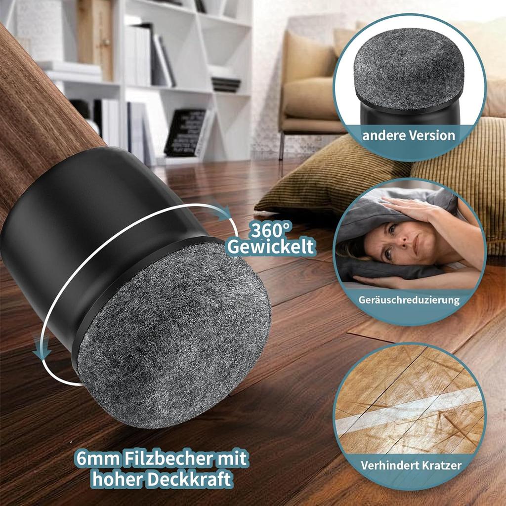 8PCS Black Round Chair Leg Protectors Foot Cover Diagonal with Thick Wrap Felt Pads Silicone Furniture Table Feet Protect Floors