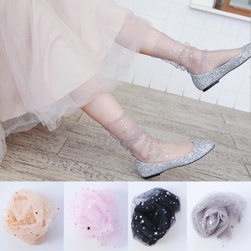 1 Pair Summer Fashion Candy Color Thin Mesh Tulle Ankle Socks WomenTransparent Elastic Mesh Shiny Stars Moon Fishnet Socks