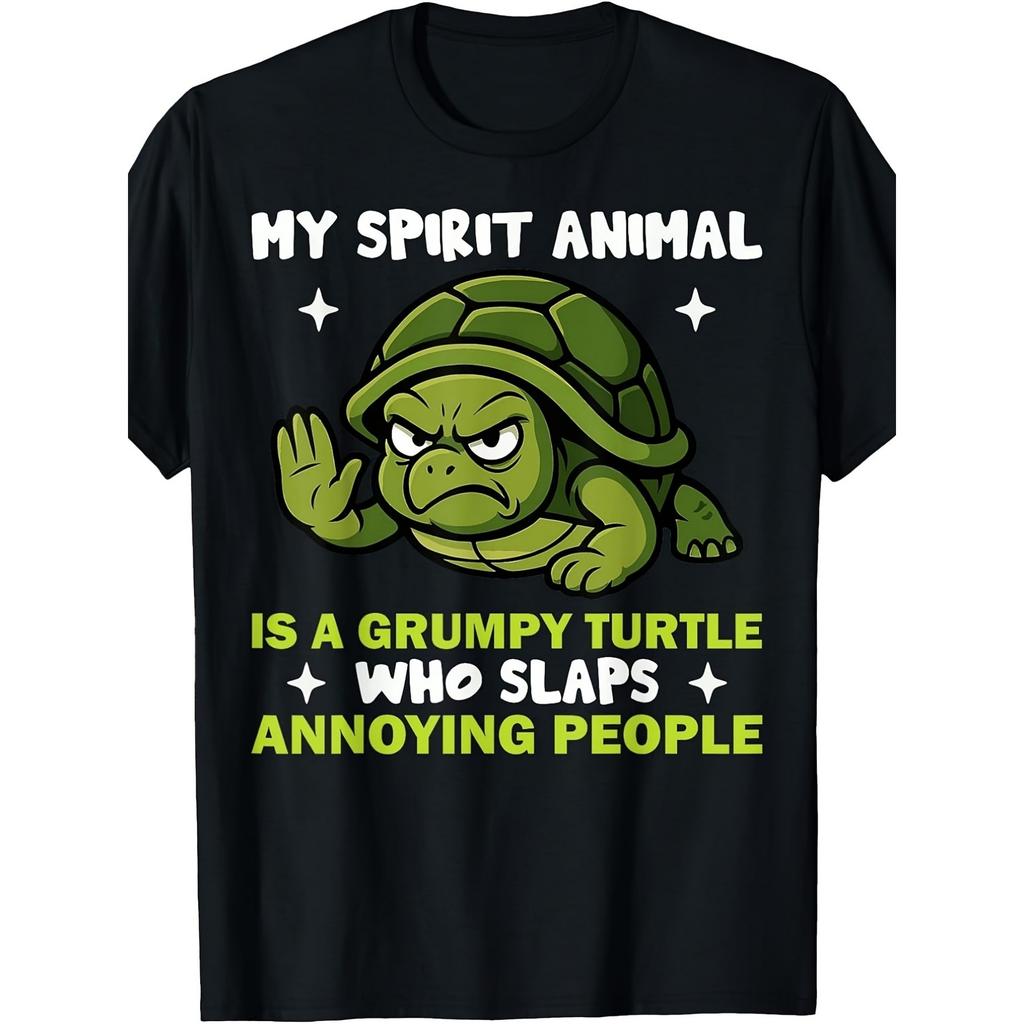 Grumpy Turtle Slaps People Graphic Tee Funny Animal Lover Round Neck T-Shirt for Men