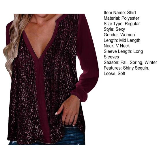 Женская осенне-весенняя рубашка с V-образным вырезом и блестящими пайетками с длинным рукавом, свободный пуловер, мягкий дышащий средней длины, однотонная женская блузка для выступлений, топ