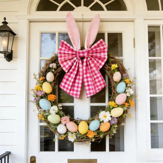 16 Inch Easter Bunny Ear Bow Rustic Buffalo Plaid Bow for Wreath Spring Holiday Decorative Fabric Bow for Tree Topper Front Door Wall Window Home