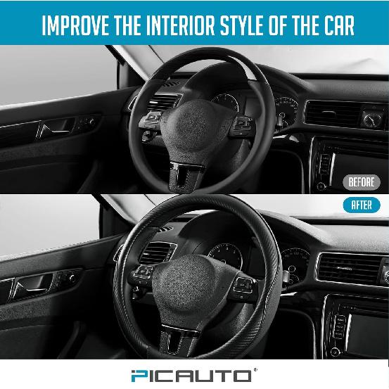 PIC AUTO Steering Wheel Cover, Black Piping Leather, Sports Carbon Fiber And Super Breathable Leather, Universal 14.5-15.5 Inch Anti-Slip Steering