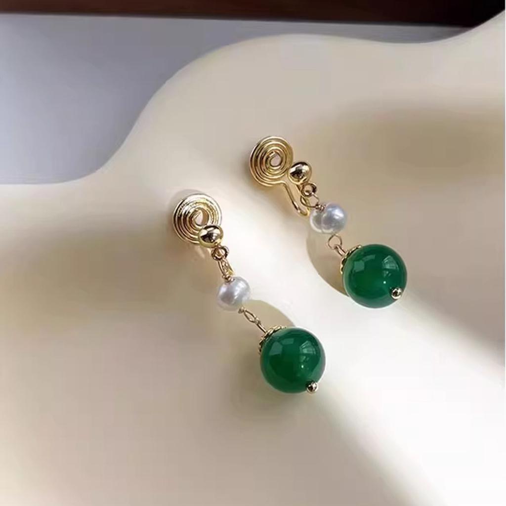 Natural Freshwater Pearl Green Agate Without Ear Holes, Ear Clips, Mosquito Coil Disc, Women's High Sense, New Chinese Niche Pendant Earrings 2026