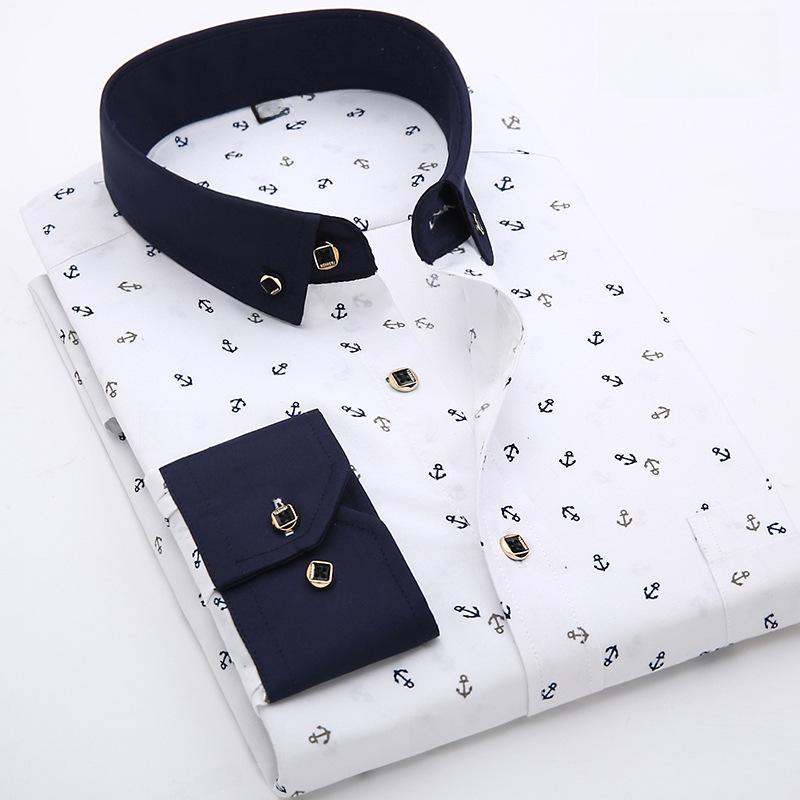 Новая мужская рубашка с длинным рукавом в клетку и цветочным принтом Slim Fit - Корейская повседневная мода