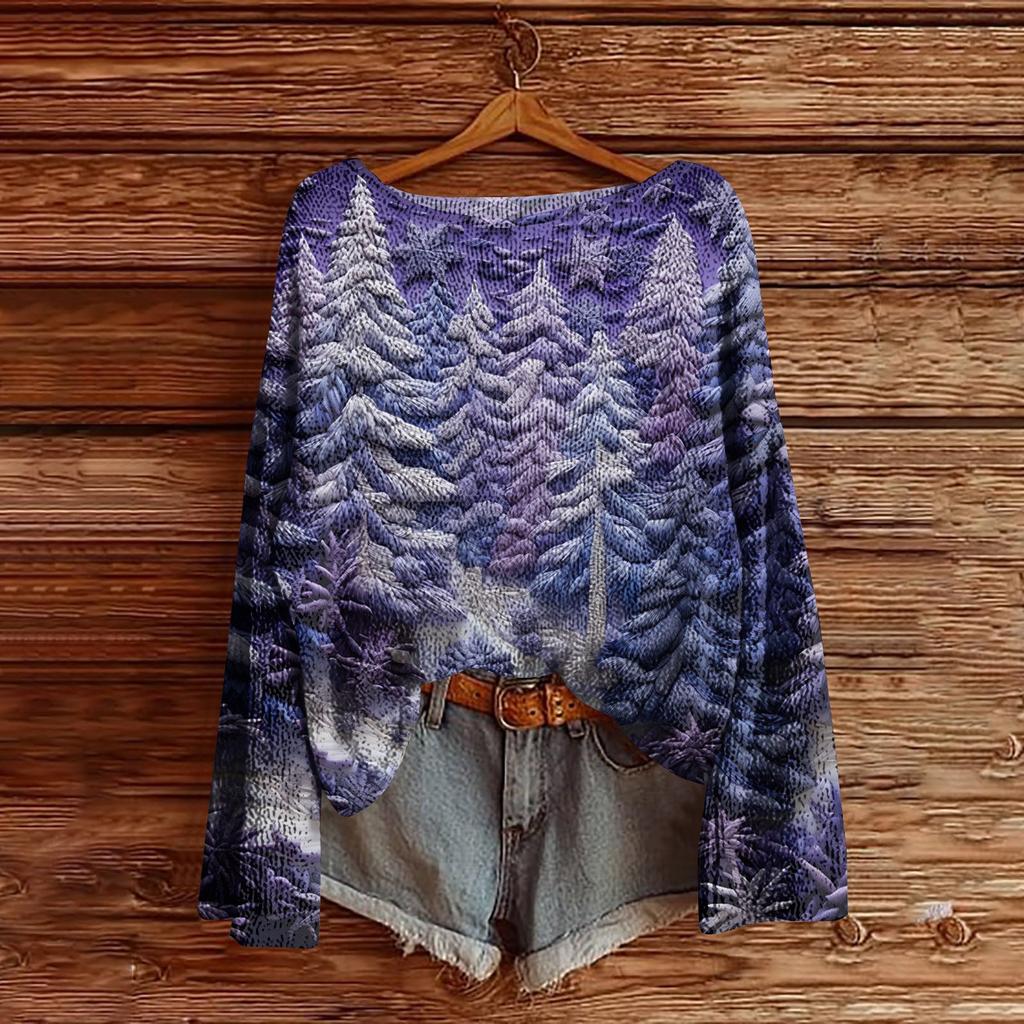 Women's Christmas Print Lightweight Sweater Casual Long Sleeve Knitted Pullover