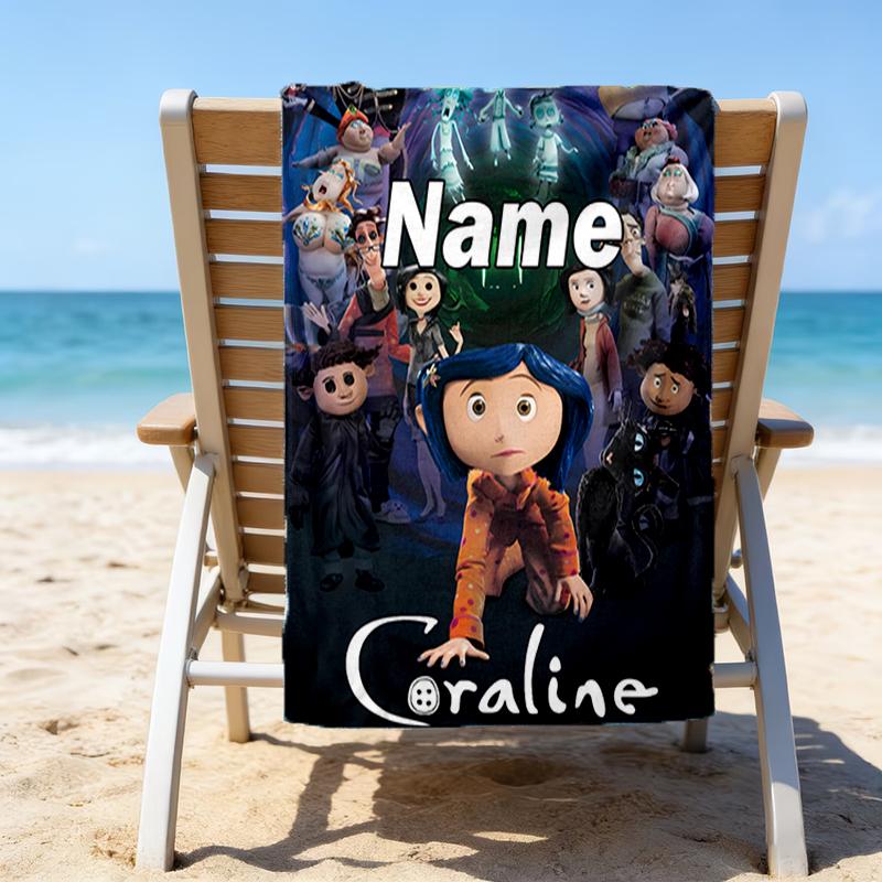 1pc Coraline2 Beach Towel with Custom Name, Beach/Swimming/Bath/Picnic/Camping Towel, Suitable for Seaside Beaches