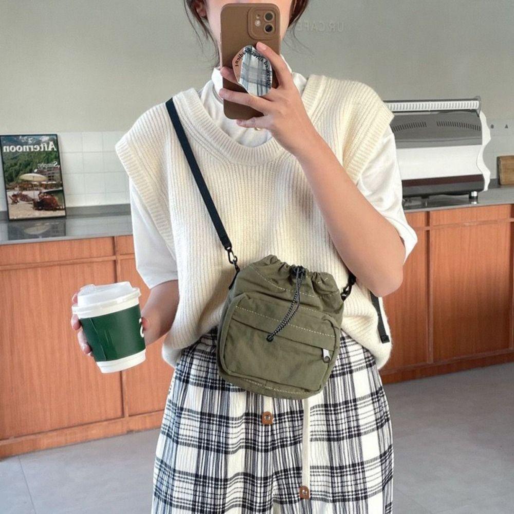 Pleated Small Phone Bag Multi-position Drawstring Shoulder Bag Drawstring Crossbody Bag  Travel